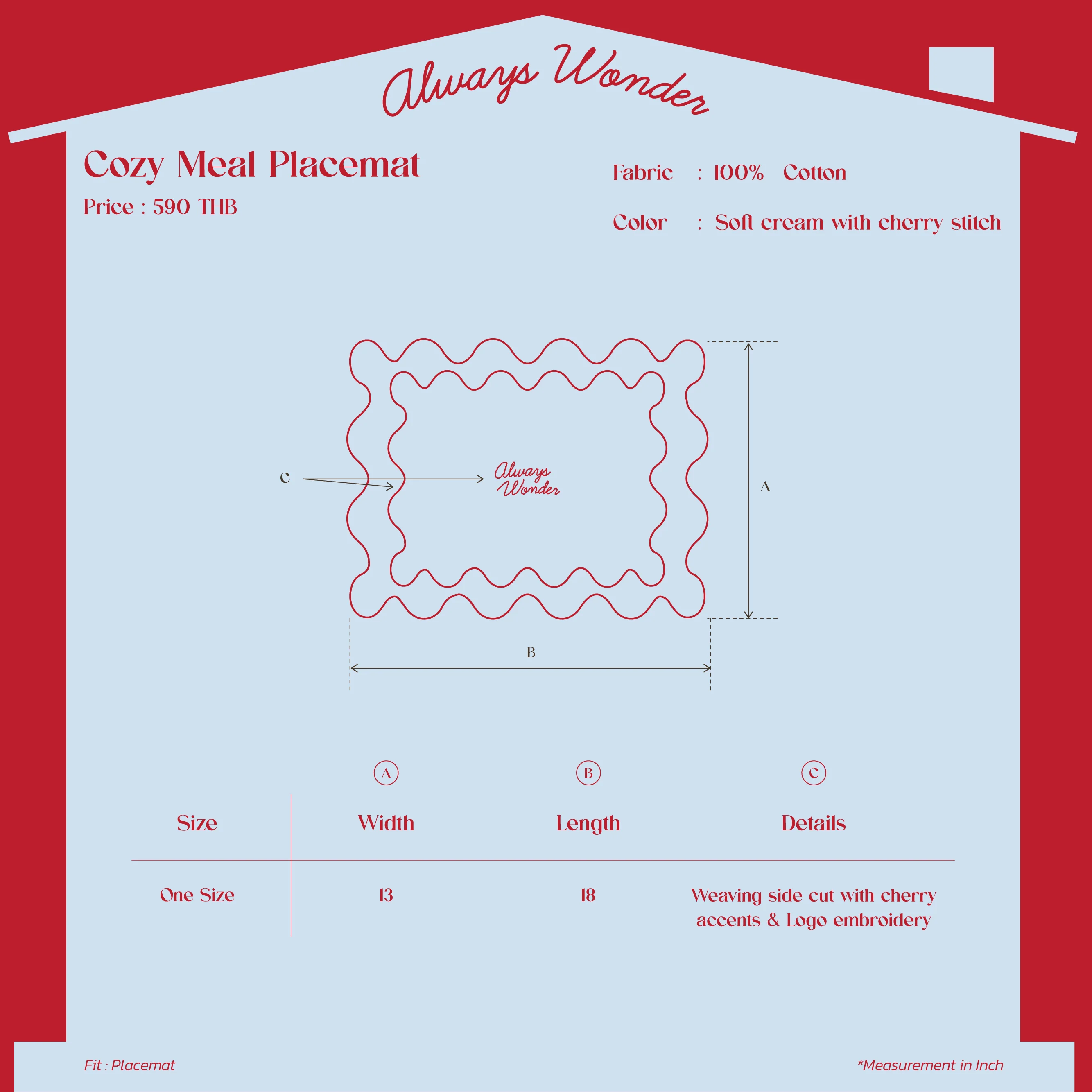 Cozy Meal Placemat | Soft cream with cherry stitch - Image 4