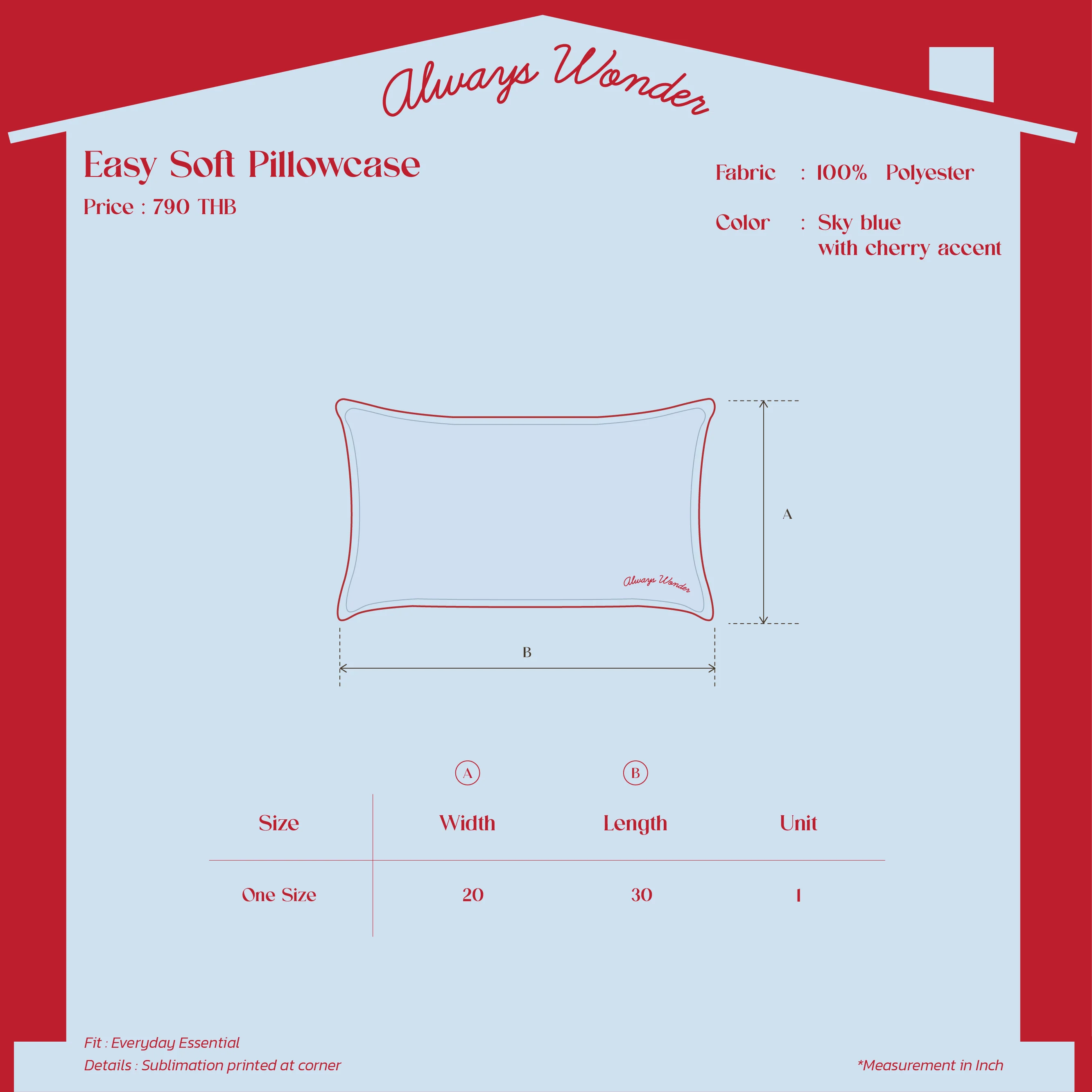 Easy Soft Pillow Case | Sky blue with cherry accent - Image 4