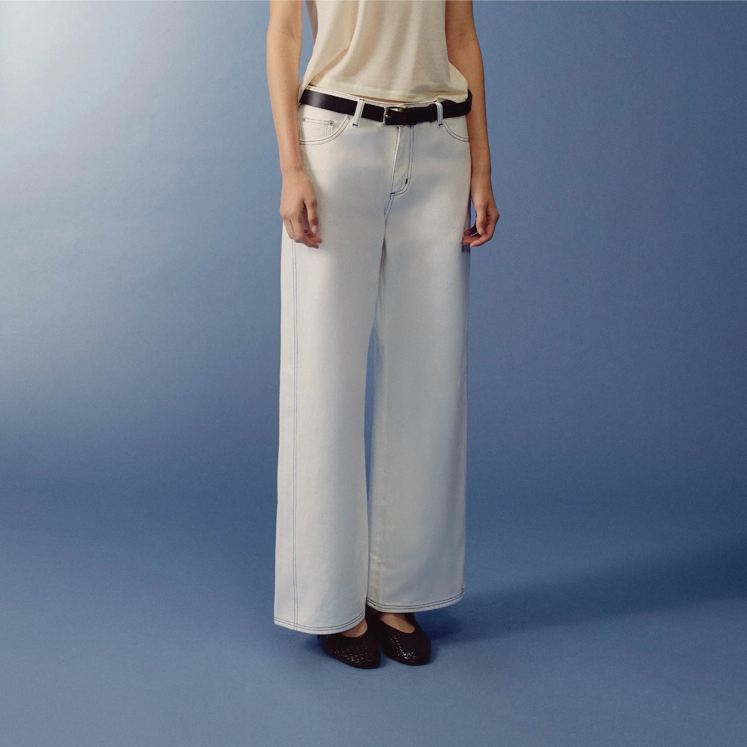Sculpture Form Denim Pants | White With Indigo Stitching - Image 4