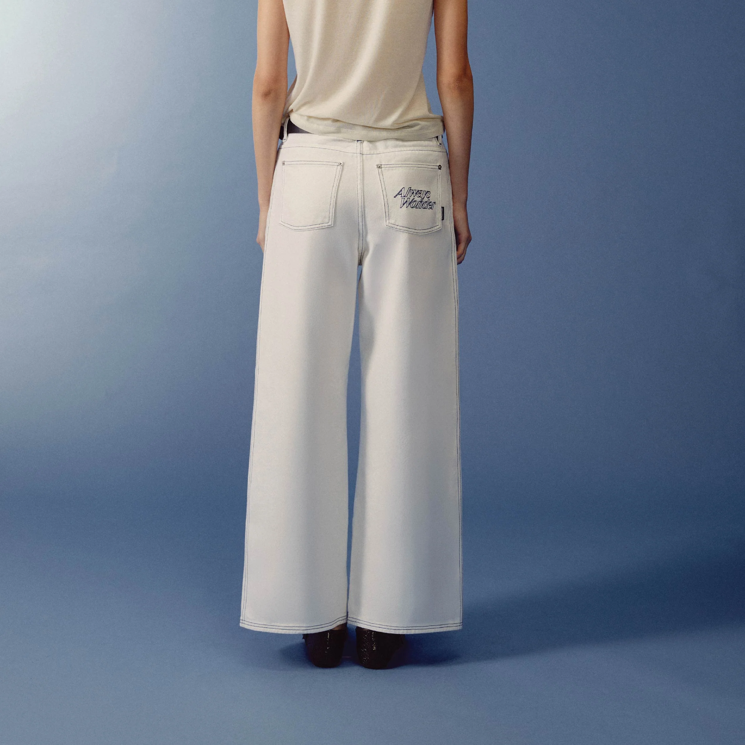 Sculpture Form Denim Pants | White With Indigo Stitching - Image 5