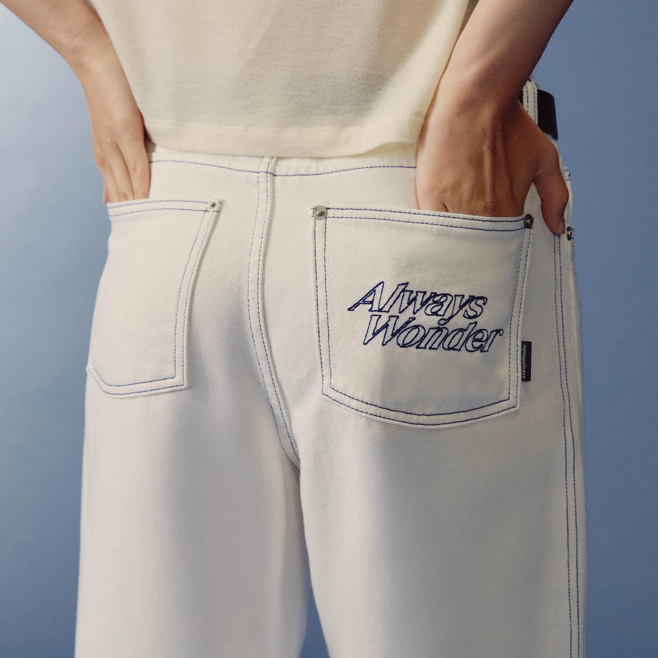 Sculpture Form Denim Pants | White With Indigo Stitching - Image 6