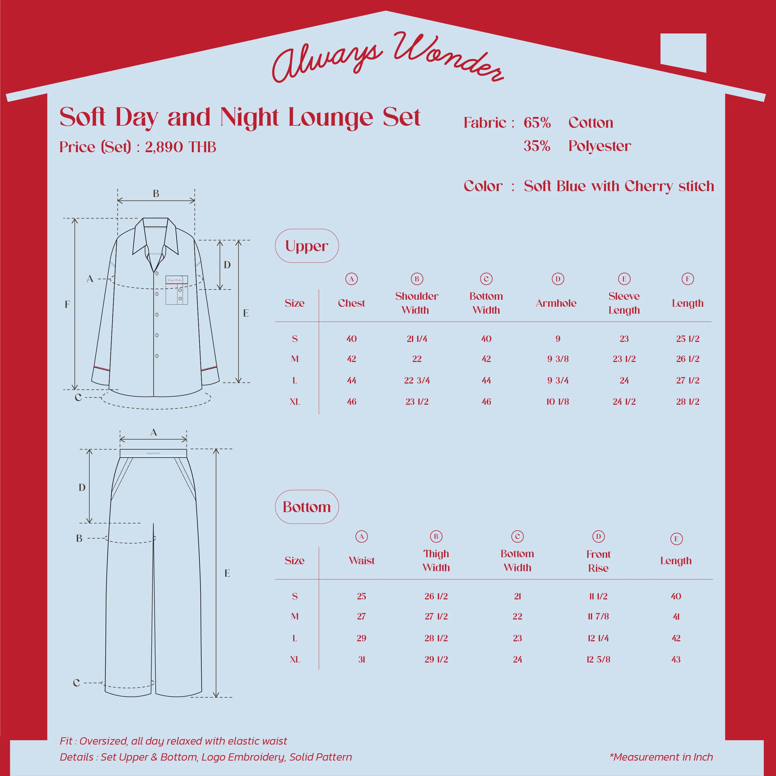 Soft Day and Night Lounge Set | Soft Blue with Cherry stitch - Image 6